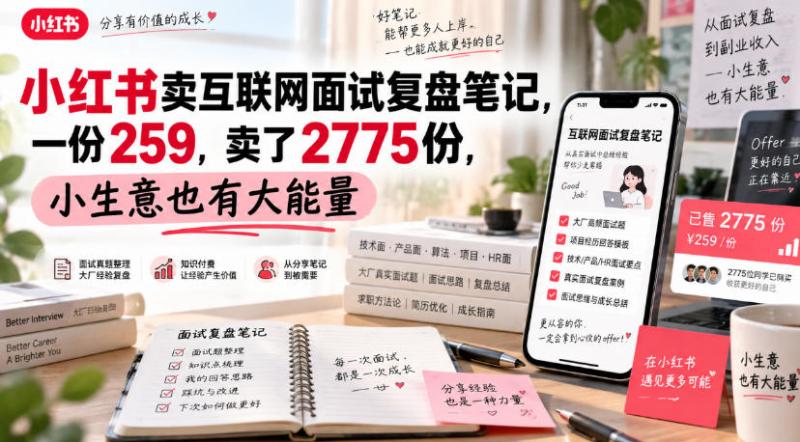 小红书卖互联网面试复盘笔记，一份259，卖了2775份，小生意也有大能量
