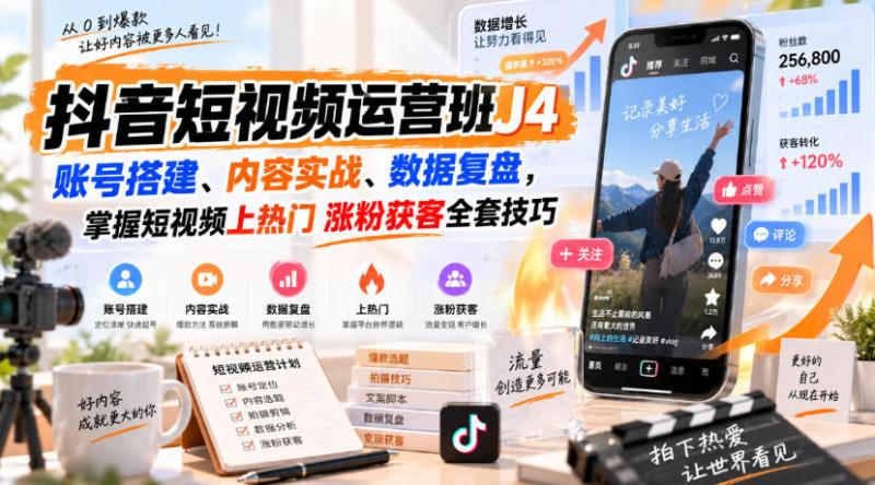 抖音短视频运营班J4｜账号搭建、内容实战、数据复盘，掌握短视频上热门涨粉获客全套技巧
