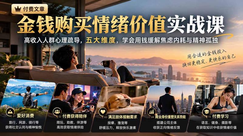 （20941期）付费文章：金钱购买情绪价值实战课｜高收入人群心理疏导，五大维度，学会用钱缓解焦虑内耗与精神孤独