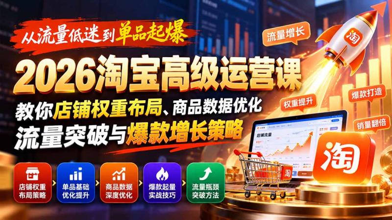 （20952期）从流量低迷到单品起爆：2026淘宝高级运营课教你店铺权重布局、商品数据优化、流量突破与爆款增长策略