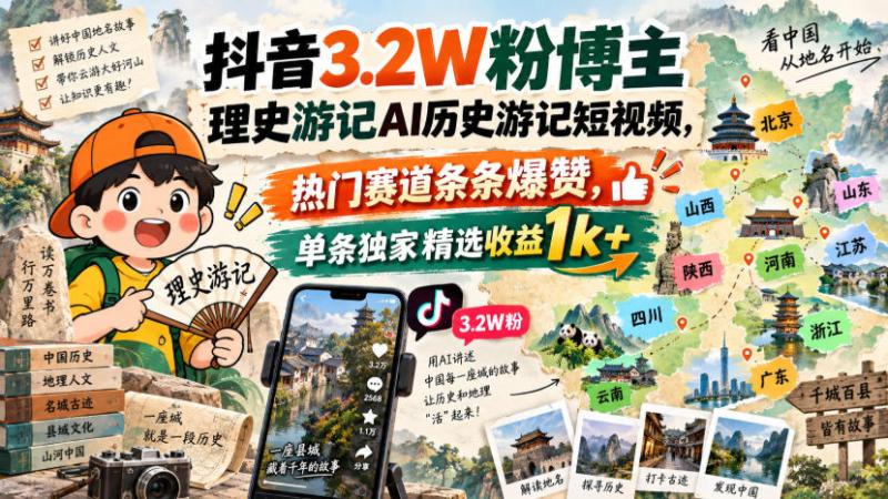 抖音3.2W粉博主理史游记AI历史游记短视频教学，热门赛道条条爆赞，单条独家精选收益1k+