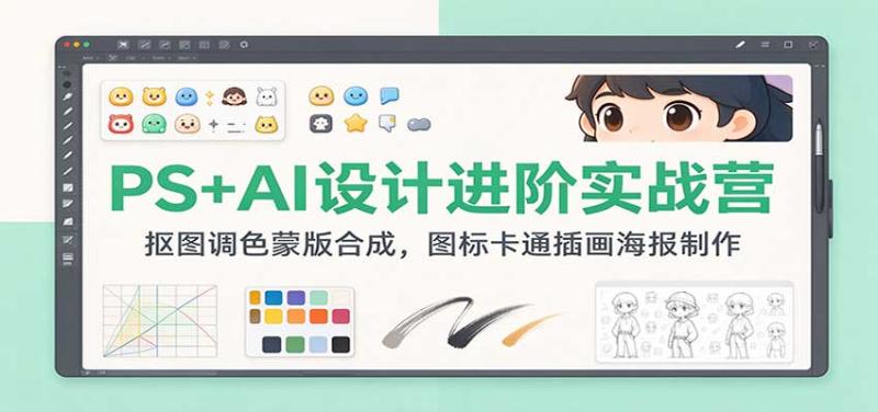 PS+AI设计进阶实战营:抠图调色蒙版合成,图标卡通插画海报制作