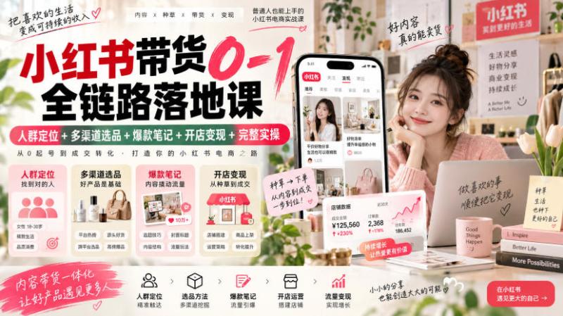 小红书带货0-1全链路落地课｜人群定位+多渠道选品+爆款笔记+开店变现完整实操