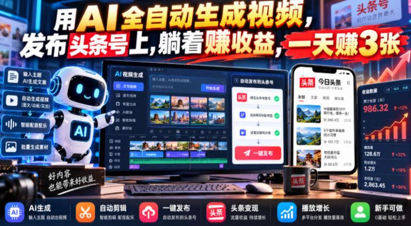 用AI全自动生成视频，发布头条号上，躺着賺收益，一天賺3张
