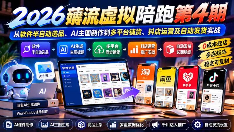 （20986期）2026薅流虚拟陪跑第4期：从软件半自动选品、AI主图制作到多平台铺货、抖店运营及自动发货实战