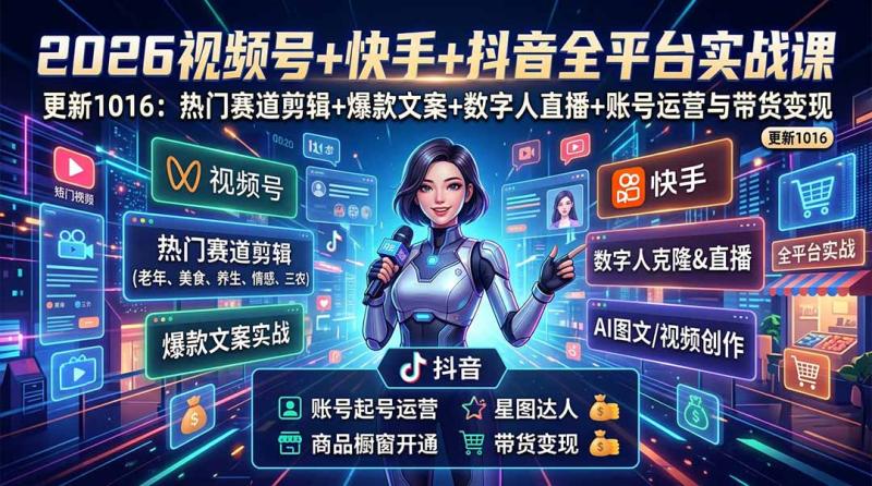 （20997期）视频号+快手+抖音三大平台的全栈剪辑+数字人直播实战课-3月更新：快速实现短视频变现
