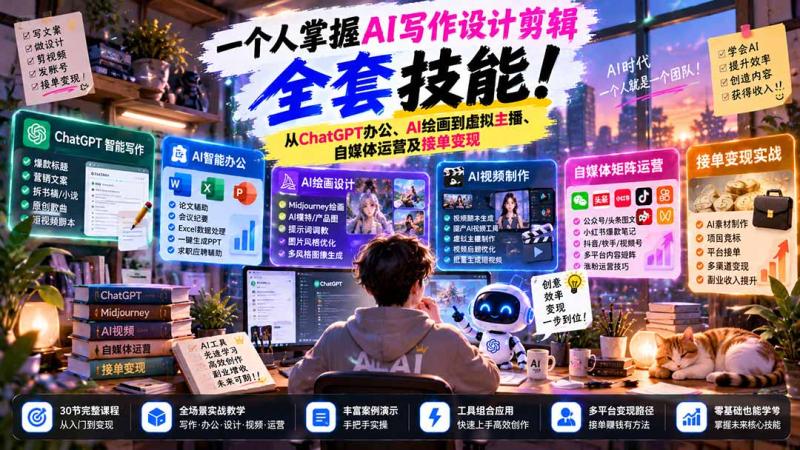 （21029期）一个人掌握AI写作设计剪辑全套技能：从ChatGPT办公、AI绘画到虚拟主播、自媒体运营及接单变现