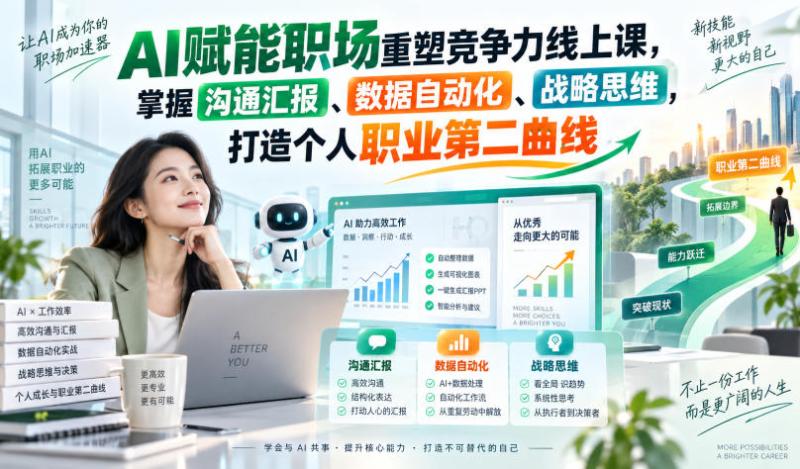 AI赋能职场重塑竞争力线上课，掌握沟通汇报、数据自动化、战略思维，打造个人职业第二曲线