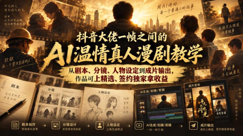 抖音大佬一帧之间的AI温情真人漫剧教学，从剧本、分镜、人物设定到成片输出，作品可上精选、签约独家拿收益