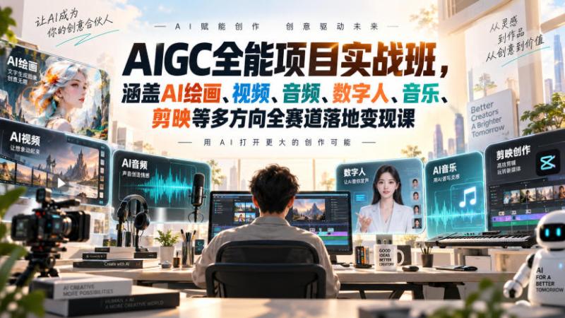 AIGC全能项目实战班-无水印，涵盖AI绘画、视频、音频、数字人、音乐、剪映等多方向全赛道落地变现课（更新）
