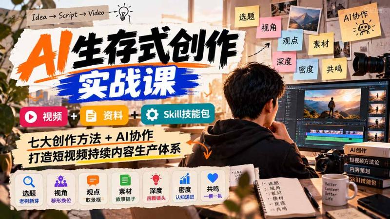 （21081期）AI生存式创作实战课：视频+资料+Skill技能包，七大创作方法+AI协作，打造短视频持续内容生产体系