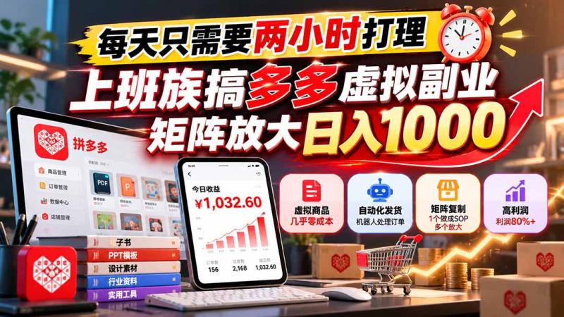 （21086期）每天只需要两小时打理，上班族搞多多虚拟副业，矩阵放大日入 1000