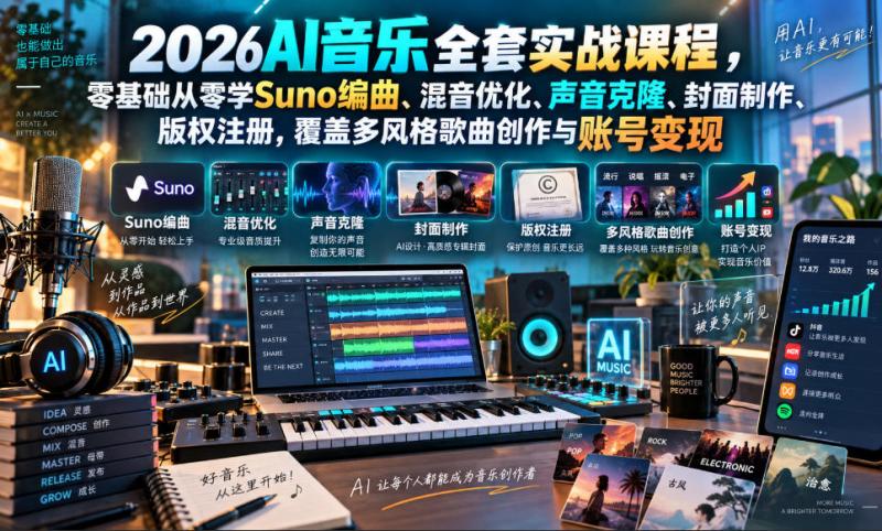 2026AI音乐实战课程，零基础从零学Suno编曲、混音优化、声音克隆、版权注册，覆盖多风格歌曲创作与账号变现（更新0921）