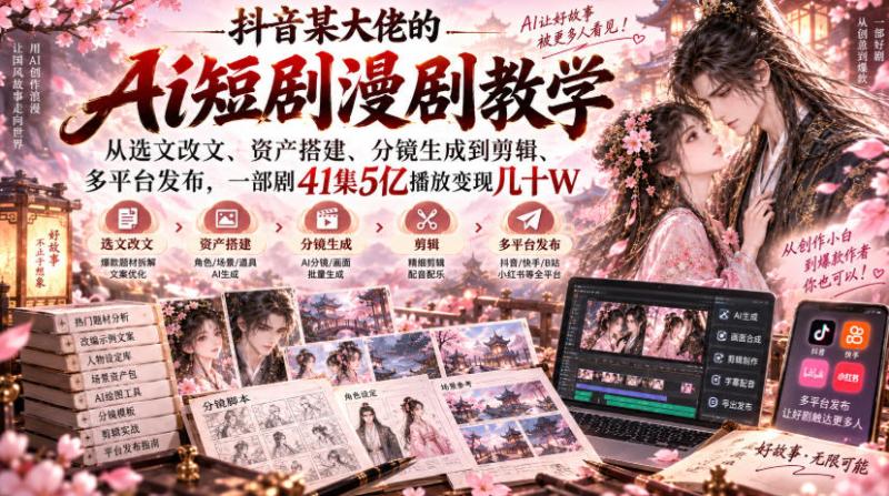 抖音某大佬的Ai短剧漫剧教学，从选文改文、资产搭建、分镜生成到剪辑、多平台发布，一部剧41集5亿播放变现几十W