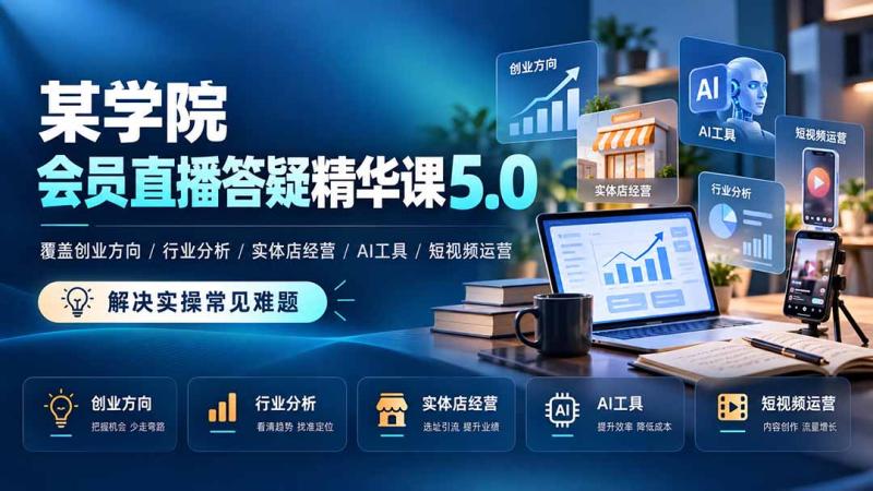 （21097期）某学院会员直播答疑精华课5.0：覆盖创业方向、行业分析、实体店经营、AI工具和短视频运营，解决实操常见难题！