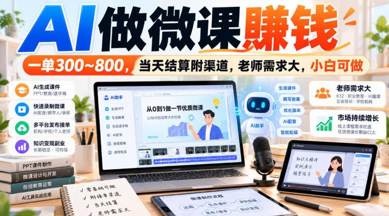 AI做微课賺钱，一单300~800，当天结算附渠道，老师需求大，小白可做