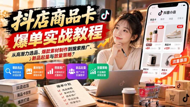 （21148期）抖店商品卡爆单实战教程：从高潜力选品、爆款素材制作到搜索推广、新品起量与放量策略