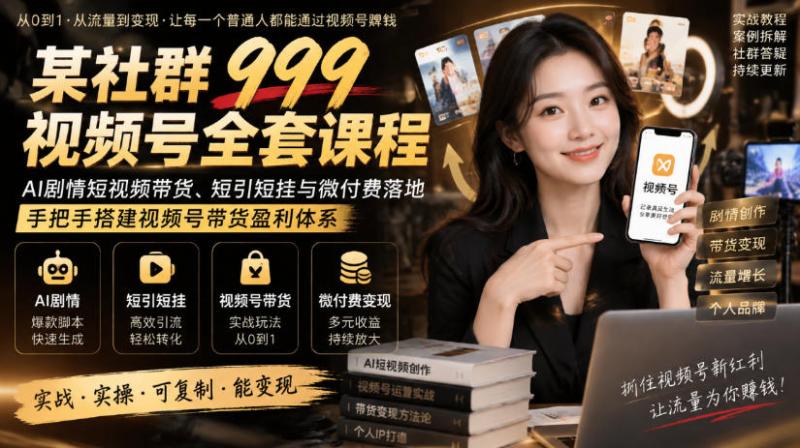 某社群999视频号全套课程，AI剧情短视频带货、短引短挂与微付费落地，手把手搭建视频号带货盈利体系