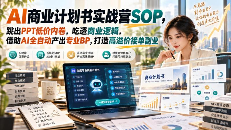 【无水印】AI商业计划书实战营SOP，跳出PPT低价内卷，吃透商业逻辑，借助AI全自动产出专业BP，打造高溢价接单副业