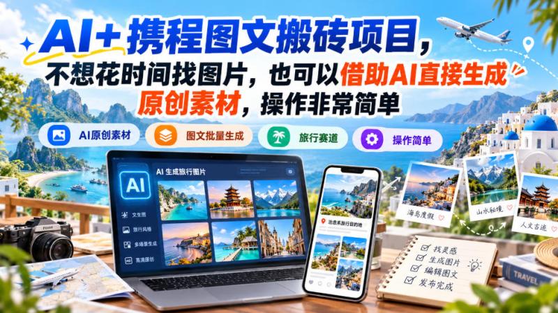 AI+携程图文搬砖项目，不想花时间找图片，也可以借助AI直接生成原创素材，操作非常简单