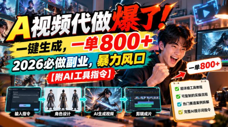 A视频代做爆了！一键生成，一单800+，2026必做副业，暴力风口【附AI工具指令】