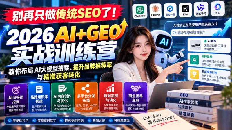 （21191期）别再只做传统SEO了！《2026AI+GEO实战训练营》教你布局AI大模型搜索、提升品牌推荐率与精准获客转化