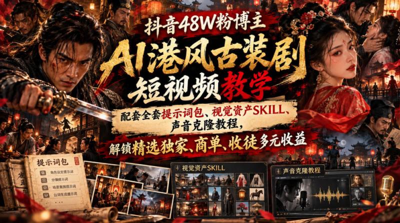抖音48W粉博主AI港风古装剧短视频教学，配套全套提示词包、视觉资产SKILL、声音克隆教程，解锁精选独家、商单、收徒多元收益