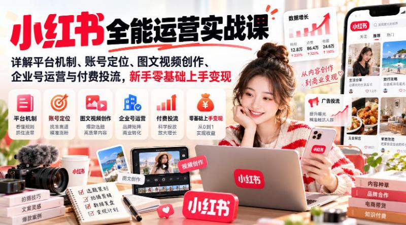 小红书全能运营实战课，详解平台机制、账号定位、图文视频创作、企业号运营与付费投流，新手零基础上手变现