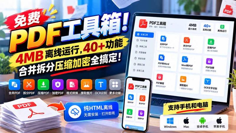 (21197期)免费PDF工具箱!4MB离线运行,40+功能,合并拆分压缩加密全搞定!