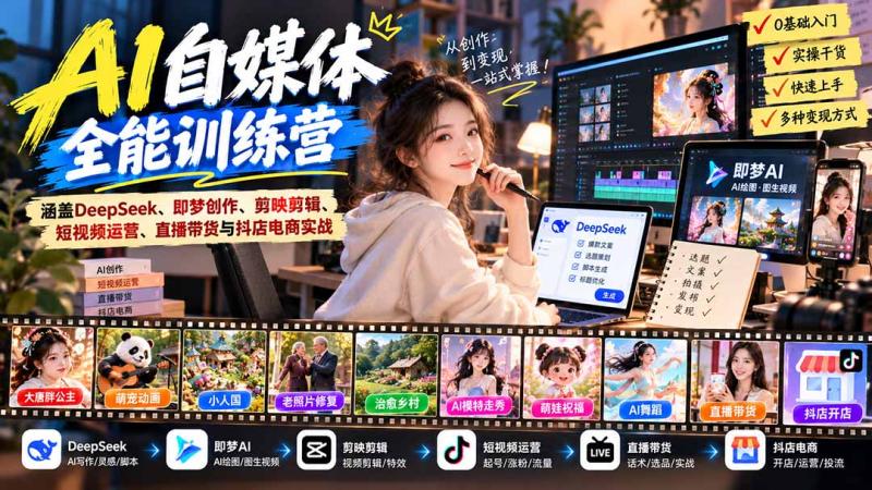 (21201期)【无水印】AI+自媒体全能训练营:涵盖DeepSeek、即梦创作、剪映剪辑、短视频运营、直播带货与抖店电商实战