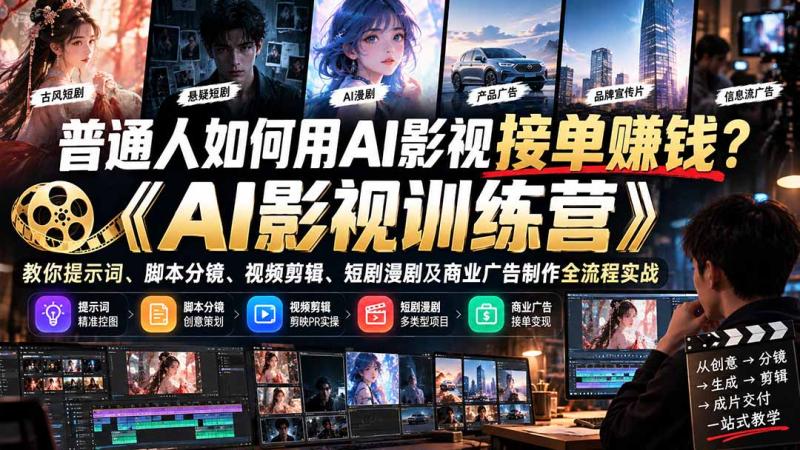 (21230期)普通人如何用AI影视接单赚钱?《AI影视训练营》教你提示词、脚本分镜、视频剪辑、短剧漫剧及商业广告制作全流程实战