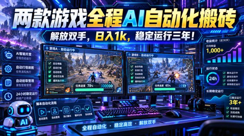 (21236期)两款游戏全程AI自动化搬砖,解放双手,日入1k,稳定运行三年!