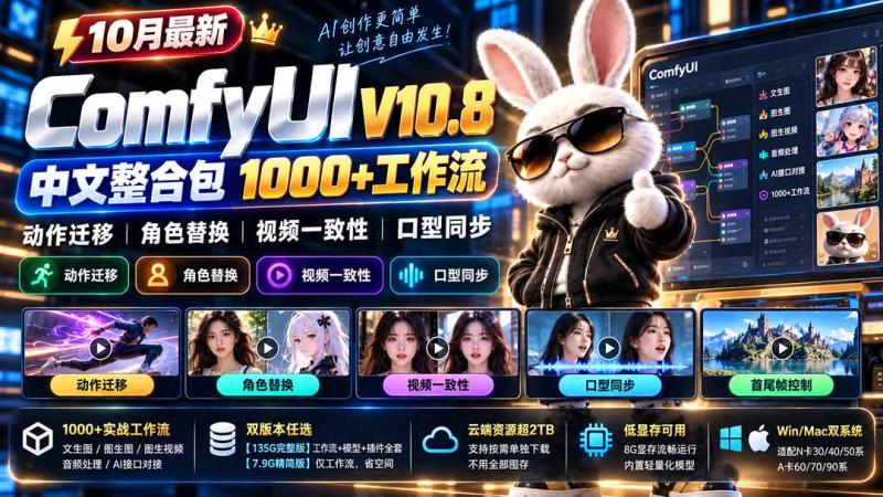 (21240期)10月最新ComfyUI V10.8中文整合包 1000+工作流 动作迁移 角色替换 视频一致性 口型同步 低显存可用