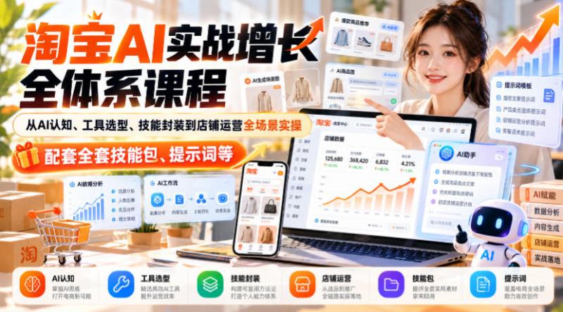 【无水印】淘宝AI实战增长全体系课程，从AI认知、工具选型、技能封装到店铺运营全场景实操，配套全套技能包、提示词等