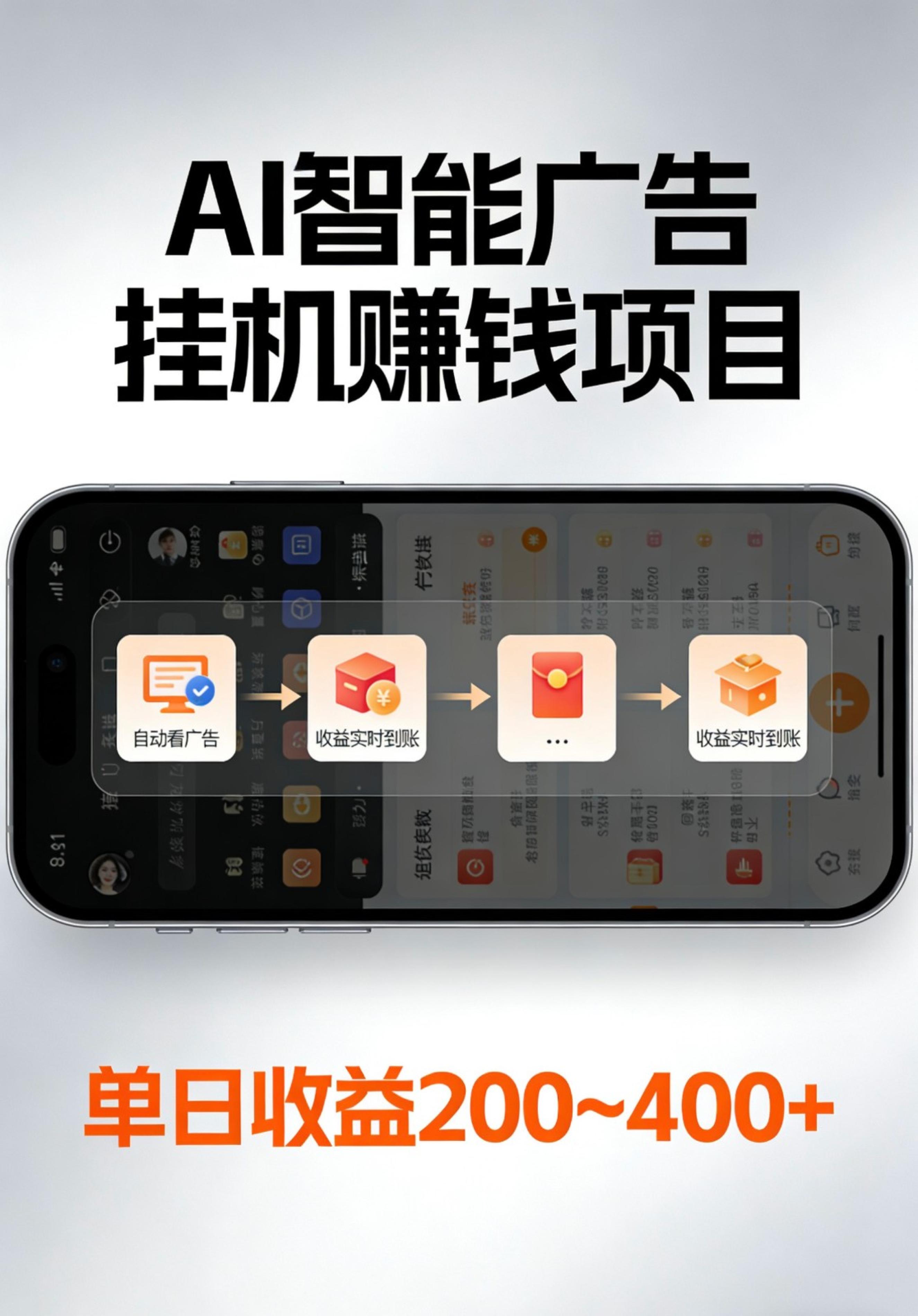 AI智能挂机看广告，全程智能自动运行刷广告赚收益，每日稳定收益200-400+