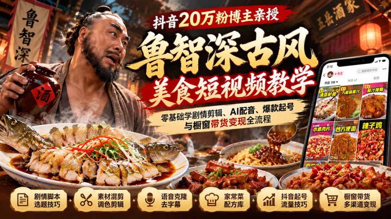 （21285期）抖音20万粉博主亲授鲁智深古风美食玩法：零基础学剧情剪辑、AI配音、爆款起号与橱窗带货变现全流程
